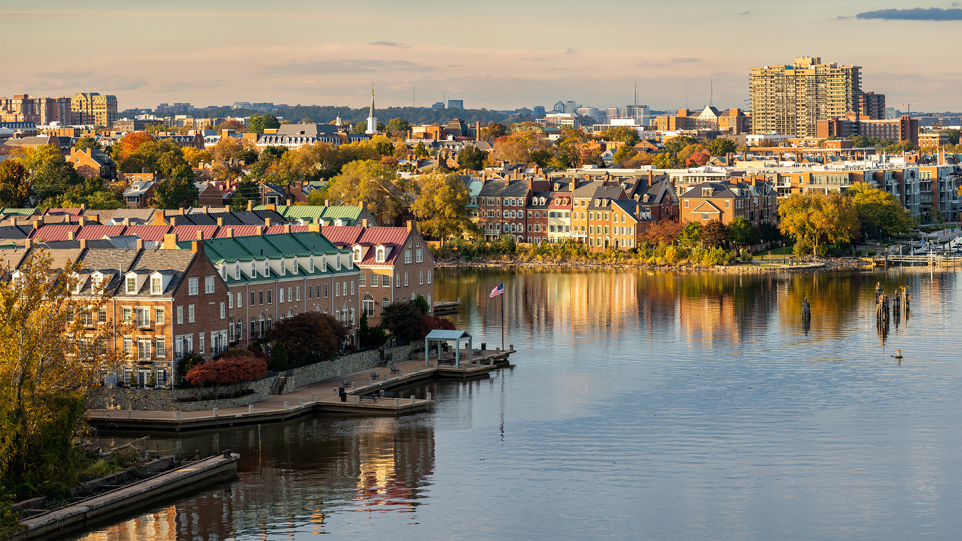 Waterfront of city of Alexandria in Virginia at sunset